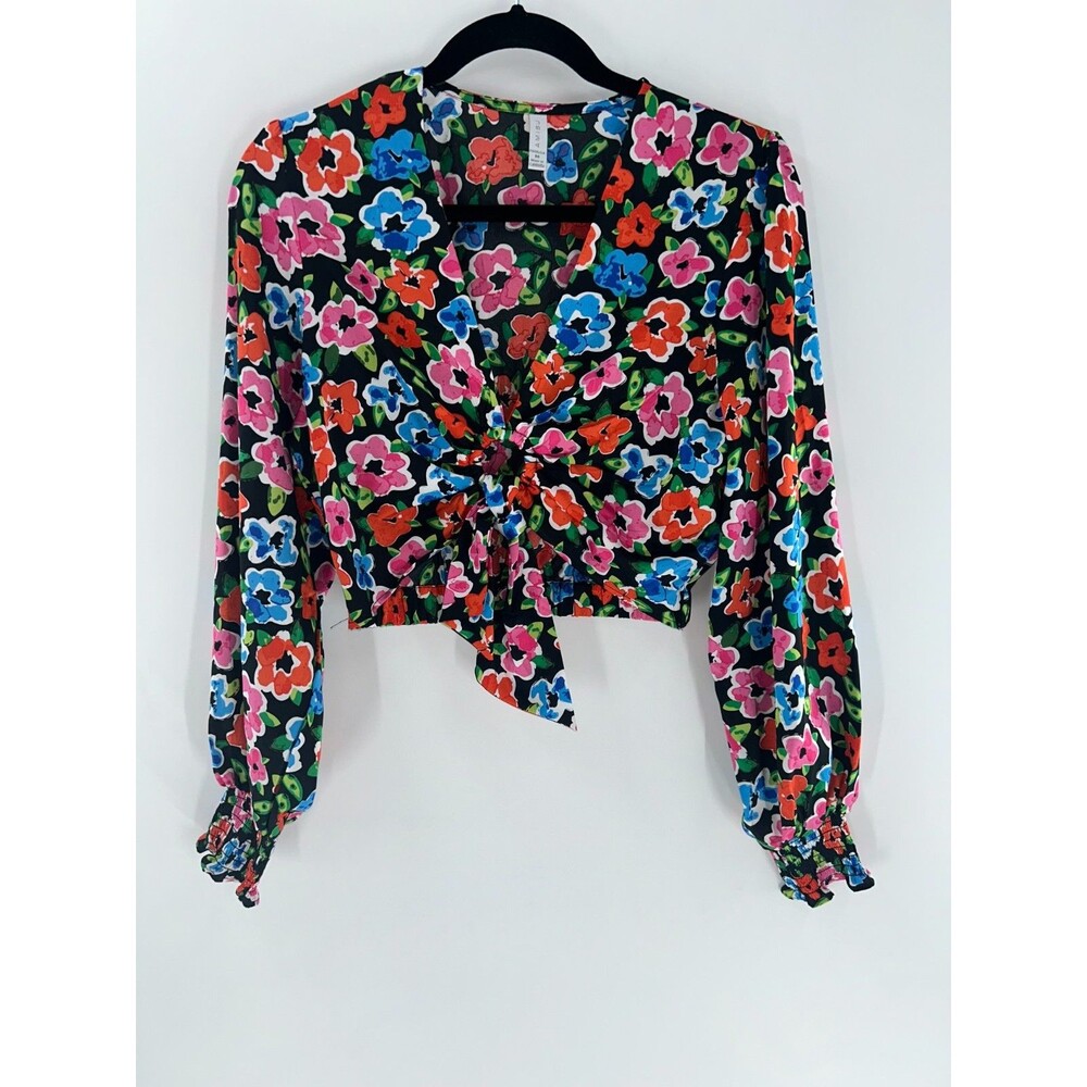 Women's Amisu Floral Long Sleeve V-neck Croppped Top Size M